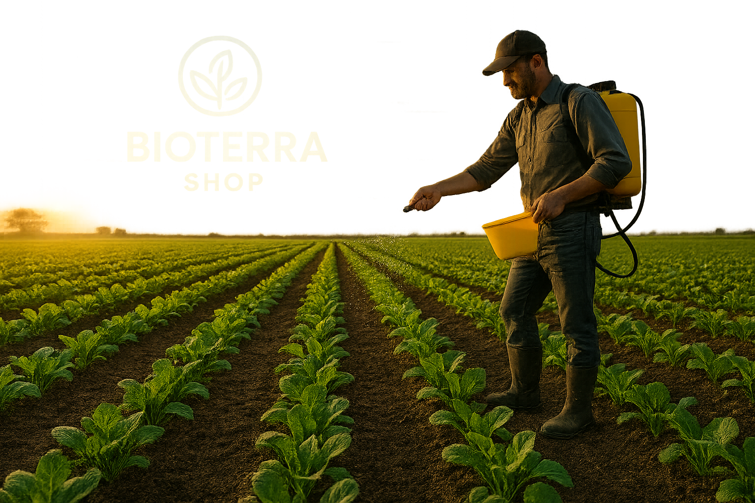"Fotografía profesional de un campo agrícola al amanecer, plantas verdes sanas, agricultor aplicando fertilizantes, estilo realista, alta calidad, iluminación natural, nítida, colores vibrantes."

Usa el logo de bioterra shop